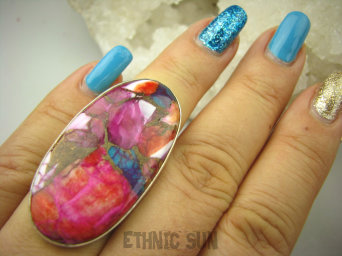 bpe8540 Boski Wielobarwny OKAZ 4.2 cm / 2.2 cm Pierścień Pierścionek OSTRYGOWY TURKUS MIEDZIANY Mojave OSTRYGA Muszla złota MIEDZ r.15 Srebro 925 #