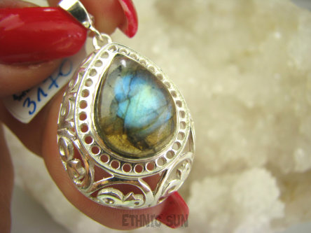 bwe3170 Biżuteria Orientalna !!! Ażurowy Delikatny Wisior Labradoryt Spektrolit - kamień zorzy polarnej Srebro 925