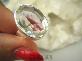 bpee3859 WSPANIAŁY KLASYCZNY OKAZ Odpromiennik zdobi leczy chroni Lśniący Pierścień Kryształ Górski r.17 Srebro 925 #