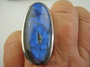 bpe4430  WIELKI Piękny Klejnot Długi 4,3 cm niebiesko granatowy  AŻ 20 GRAMÓW !Pierścień Labradoryt Spektrolit kamień Zorzy Polarnej r.17 Lśniące Srebro 925 #