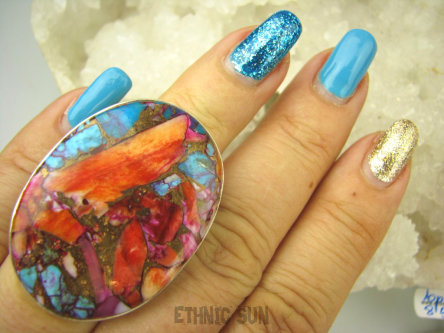 bpe8523 Boski Wielobarwny OKAZ 4 cm / 2.8 cm Pierścień Pierscionek OSTRYGOWY TURKUS MIEDZIANY Mojave OSTRYGA Muszla złota MIEDZ r.14 Srebro 925 #