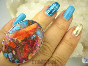 bpe8523 Boski Wielobarwny OKAZ 4 cm / 2.8 cm Pierścień Pierscionek OSTRYGOWY TURKUS MIEDZIANY Mojave OSTRYGA Muszla złota MIEDZ r.14 Srebro 925 #