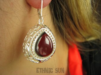 bke906 WOOW ZJAWISKOWO piękne LEKKIE i DUŻE ażurowe Kolczyki Bordowe Granaty angielskie zapięcie Srebro 925