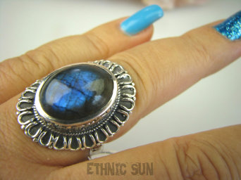 bpe8452 OKSYDOWANY MELONIK !!! Egzotyczny Pierścień Pierścionek Labradoryt Spektrolit - kamień Zorzy Polarnej r.16 Srebro 925 #