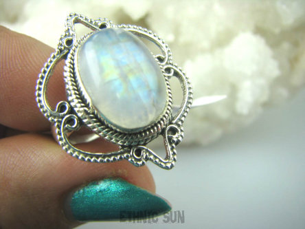 bpe5827 Finezyjny Piękny Pierścień Kamień Księżycowy r.13 Mały Rozmiar ażurowe Srebro 925 #