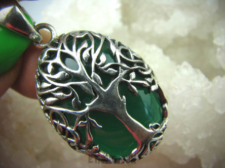 bwe2749 Cudowne pękate DRZEWO ŻYCIA - symbol nieśmiertelności !!!! PRZEPIĘKNY ORIENTALNY Wisior Zielony Onyks Srebro 925 #