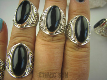 bpe6356 Śliczny Orientalny Pierścień Czarny ONYKS regeneruje SERCE, EGZEMY, PAMIĘĆ r.15 ażurowa obrączka Srebro 925