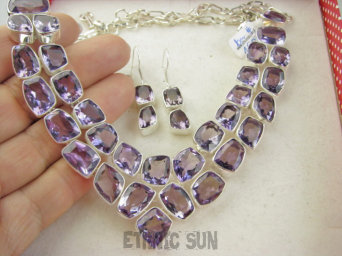 bn1605 LUKSUSOWY DUŻY Komplet biżuterii naszyjnik i kolczyki 85 gramów Przepiękna Duża Kolia Regulowany Naszyjnik Fioletowy Ametyst Srebro 925 #