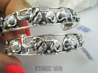 bb3942 DZIKA AFRYKA - Stado SŁONI Amulet bransoletka na szczęści !!! Piękna Duża 24/25 g!! PRZESTRZENNA 3D !!! Otwarta Bransoleta Bangla Cała ze Srebra Słonie SREBRO 925 #