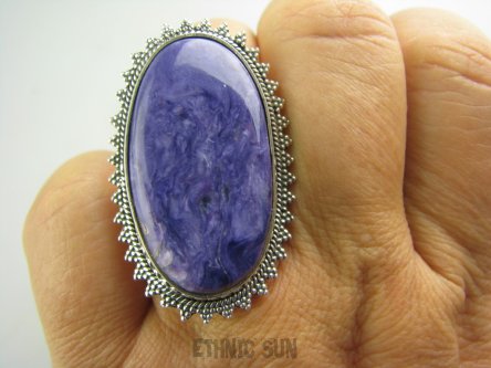 bpe3526 Egzotyczna rzadkość piękność z Syberii  DROGOCENNY RZADKI CZAROIT ! Duży 4cm Pierścień z czaroitem r.17 Srebro 925 #