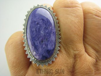 bpe3526 Egzotyczna rzadkość piękność z Syberii  DROGOCENNY RZADKI CZAROIT ! Duży 4cm Pierścień z czaroitem r.17 Srebro 925 #