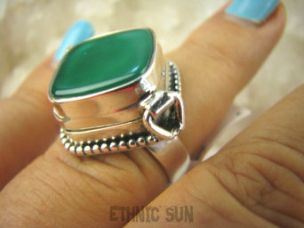 bpe6305 Biżuteria Orientalna !!! Otwierany Pierścień na Zdjęcia, Marzenia lub truciznę SEKRETNIK Zielony ONYKS r.14 Srebro 925 #