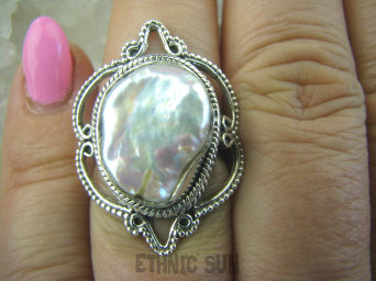 bpee3156 Elegancki Finezyjny Pierścień Naturalna hodowlana DUŻA opalizująca PERŁA BIWA r.14 egzotyczne ażurowe Srebro 925 #