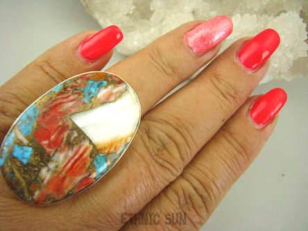 bpe8212 Wielobarwny Gigant 4.1cm/ 2.6cm Pierścień OSTRYGOWY TURKUS MIEDZIANY TOSTRYGA Muszla złota MIEDZ r.17 Srebro 925 #