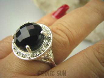 bpee3586 CUDOWNY LUX Wysoki Pierścień szlifowany Czarny Onyks - kamień zadaniowy r.18 Srebro 925 #
