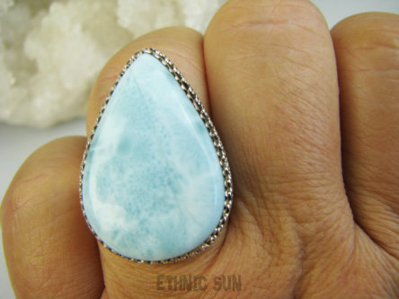 bpe9639 Anielski Pierścień Pierścionek Rzadki Niebieski Larimar (kamień Anielski ) - stawy, serce lęki, otwiera czakrę gardła r.17/ r.18 Srebro 925 #