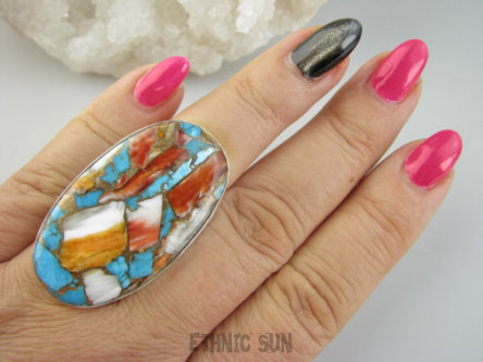 bpe9367 Wielobarwny Gigant 4.3cm/ 2.4cm Pierścień OSTRYGOWY TURKUS MIEDZIANY TOSTRYGA Muszla złota MIEDZ r.17 Srebro 925 #