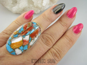 bpe9367 Wielobarwny Gigant 4.3cm/ 2.4cm Pierścień OSTRYGOWY TURKUS MIEDZIANY TOSTRYGA Muszla złota MIEDZ r.17 Srebro 925 #