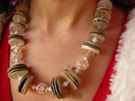 an1038 Art Naszyjnik Długie Lekkie Kolczyki BIAŁA MUSZLA Białe Tygrysie Oko SREBRO