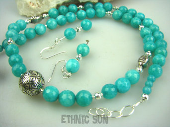 bn1327  IDEAL NA LATO ! Turkusowo-zielony  Szlifowany Jadeit - kamień młodości przedłuża życie !!!! Piękny Naszyjnik i Kolczyki JADEIT orientalne Srebro 925