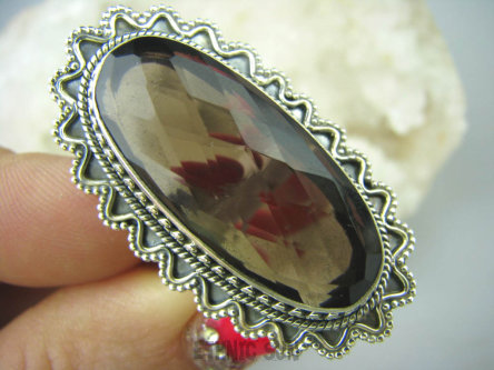 bpee3268 Cudowny Okaz - Luksusowy Długi 4.2 cm Pierścień z Kwarcem Dymnym Brązowy KWARC DYMNY - kamień antystresowy r.16 Srebro 925 #