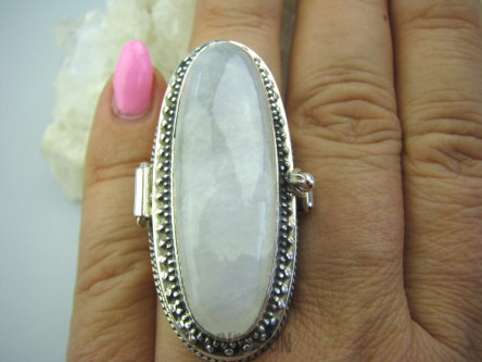 bpe5268 GIGANT AŻ 33 gramy !!! SEKRETNIK Otwierany Duży, Długi Pierścień na DUŻE Zdjęcia lub Marzenia Kamień Księżycowy r.15/ r.16 Srebro 925 #