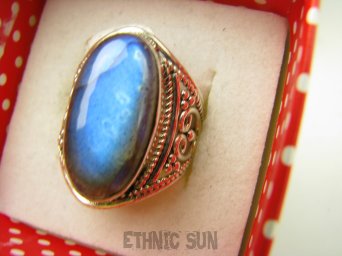 bpe8783 Piękny !!!! Max blask Delikatny Ażurowy Pierścień Granatowo-niebieski  Labradoryt Spektrolit - kamień zorzy polarnej r.15 Srebro 925