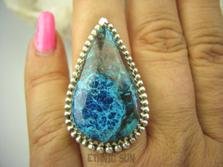 bpe8024 Cudowne Barwy - Rzadkość  Pierścień naturalny Niebiesko Brązowo Morski AZURYT r.19/ r.20 Srebro 925 #