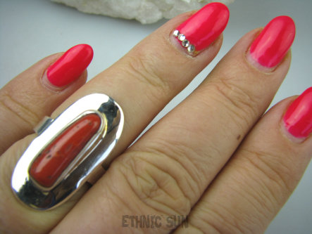 bpe5607 Koral Gałązka Robaczywka  w lśniącym srebrze !!! Klasyczny Pierścień naturalny Koral - pobudza strumień miłości r.14 Srebro 925 #