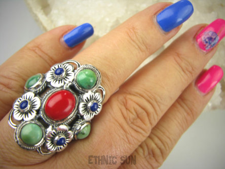 bpe6978 Wybitna kolekcja - Duży Piękny Pierścień Koral zielony Turkus Turkusy Lapis Lazuli r.21 Srebro 925 #