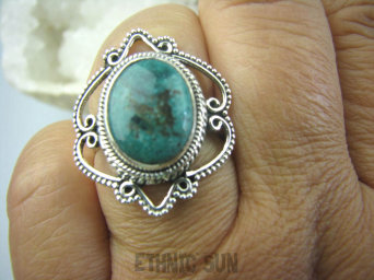 bpe5943 Turkusowy Piękny Finezyjny Pierścień z Naturalnym Turkusem wielobarwny TURKUS - opiekun ciała i duszy r.18 ażurowe Srebro 925 #