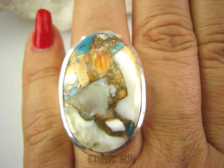 bpe8041 Biała Ostryga Klasyczny Pierścień OSTRYGOWY TURKUS MIEDZIANY Turkus OSTRYGA Muszla złota MIEDZ r.18 Srebro 925 #