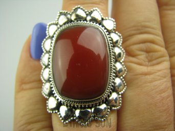 bpe3609 Wielki Piękny Kwiat Karneol masywny  DUŻY 3,5 cm  Pierścień Karneol  r.14 Srebro 925 - kamień odwagi #