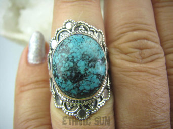 bpe5960 Turkusowa EGZOTYKA !!! DUŻY Pierścień z Naturalnym Turkusem Wielobarwny TURKUS - opiekun ciała i duszy r.14 Srebro 925 #