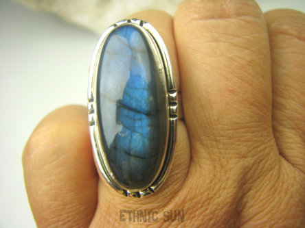 bpe7962 Tajemniczy Pierścień Niebieski, Granatowy Labradoryt Spektrolit - kamień Zorzy Polarnej r.17 Srebro 925 #