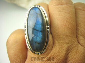 bpe7962 Tajemniczy Pierścień Niebieski, Granatowy Labradoryt Spektrolit - kamień Zorzy Polarnej r.17 Srebro 925 #