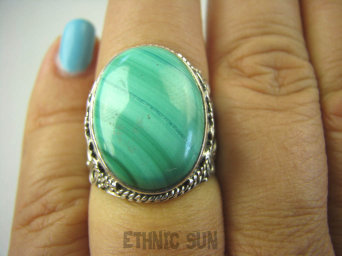 bpe6373 CUDO MALACHIT W ORIENTALNEJ OPRAWIE -  Pierścień zielony MALACHIT - pobudza kreatywność r.16 Srebro 925 #