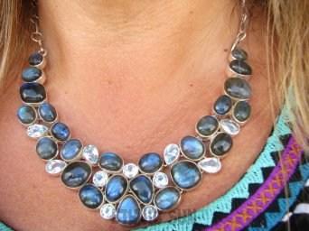 bn1562 KRÓLEWSKI KOMPLET (naszyjnik plus kolczyki) KLEJNOT - GIGANT XXL 76 gramów ! CUDOWNA Przepiękna Kolia Naszyjnik Labradoryt Spektrolit, Blue Topaz Srebro 925 #