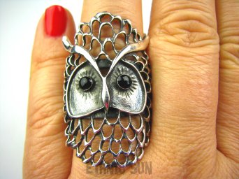 bpe1358 MĄDRA SOWA !!! Cos pięknego Długi 4cm  DUŻY Ażurowy Pierścień Onyks SOWA - symbol mądrości r.21/ r.22  Srebro 925 #