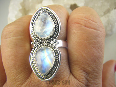 bpe8942 FENOMENALNY  MAX BLASK Długi 4 cm DUŻY Pierścionek Pierścień bardzo się mieniący Kamień Księżycowy r.22 Srebro 925 #