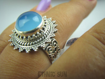 bpe4980 Piękny Delikatny Pierścień Błękitno - Niebieski CHALCEDON (TARCZYCA) czakra gardła r.17 pięknie zdobione Srebro 925 #