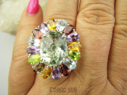 bpee4627 Wooow BOSKO PIĘKNY WIELOBARWNY Lux Pierścień Pierścionek naturalny Zielony Ametyst, Fioletowy Ametyst, Granaty, Oliwin, Kwarc Dymny, Cytryn, Blue Topaz r.17 SREBRO 925 #