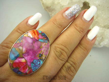 bpe8154 Boski Wielobarwny różowo- niebiesko-fioletowy OKAZ 4 cm / 2,8 cm Pierścień OSTRYGOWY TURKUS MIEDZIANY Mojave OSTRYGA Muszla złota MIEDZ r.18 Srebro 925 #