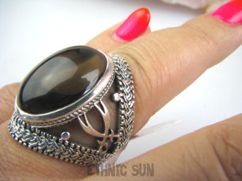 bpe4642 Śliczny ażurowy Pierścień KWARC DYMNY kamień antystresowy i uspokajający  r.17/ r.18 zdobiona ażurowa obrączka Srebro 925 #