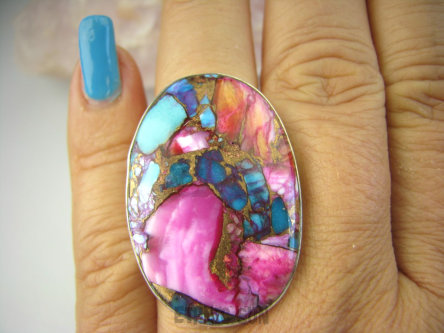 bpe8495 Boski Wielobarwny OKAZ Pierścień Pierścionek OSTRYGOWY TURKUS MIEDZIANY Mojave OSTRYGA Muszla złota MIEDZ r.16/ r.17 Srebro 925 #