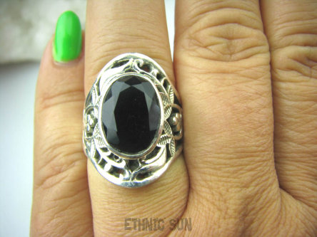 bpee3292 Roślinne Pnącza !!! CACUSZKO Przepiękny Pierścień szlifowany Czarny Onyks r.17 zdobiona obrączka Srebro 925 #