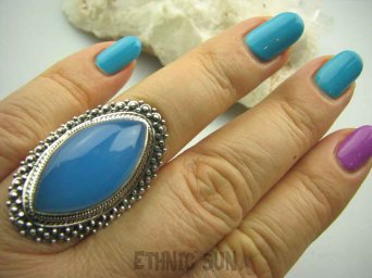 bpe4151 DUŻY 3,7 cm Błękitno - Niebieski CHALCEDON (TARCZYCA) w egzotycznej oprawie Pierścień r.18 Srebro 925 czakra gardła #