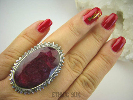 bpee3478 MALINOWY OLBRZYM 4,2cm  !!!! Duży 21 gramów !!! PRZEPIĘKNY Pierścień Rubin Indyjski - kamień namiętnej miłości Rubiny r.18 Srebro 925 #