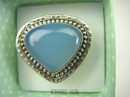 bpe7934 Błękitne Cacko Niebieski WSPANIAŁY Pierścień CHALCEDON (TARCZYCA) r.16 egzotycznie zdobione Srebro 925 #