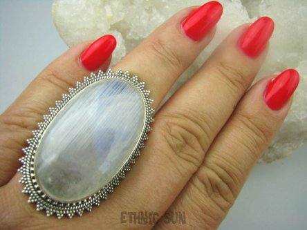 bpe6073 OGROMNY  26 G Pierścień Biały Niebieski Kamień Księżycowy w orientalnej oprawie r.17 Srebro 925 #